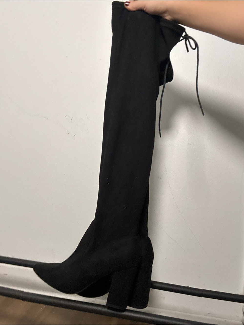 JustFab Black Over-the-Knee Block Heel Boots with Rear Tie